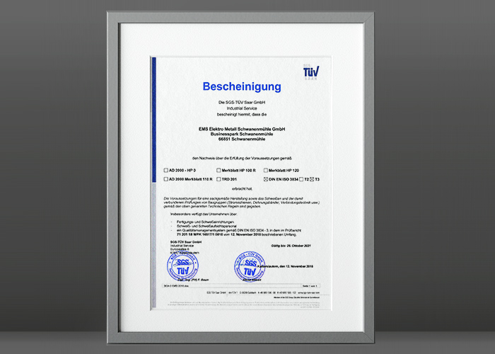EMS Zertifikat Schweissfachbetrieb (TÜV)